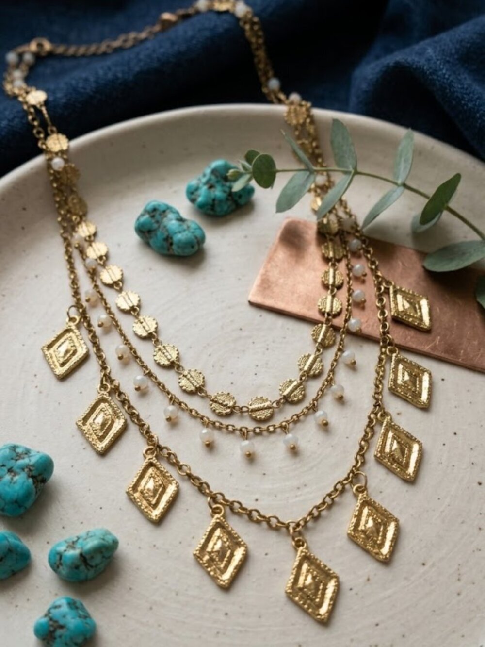 Boho Antique Gold Layered Necklace Coin Link Diamond Charm White Bead 17"